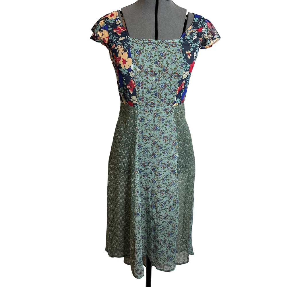 ABERCROMBIE & FITCH Mixed Floral Patchwork Midi Dress Blue Multi Size XS-S  Boho